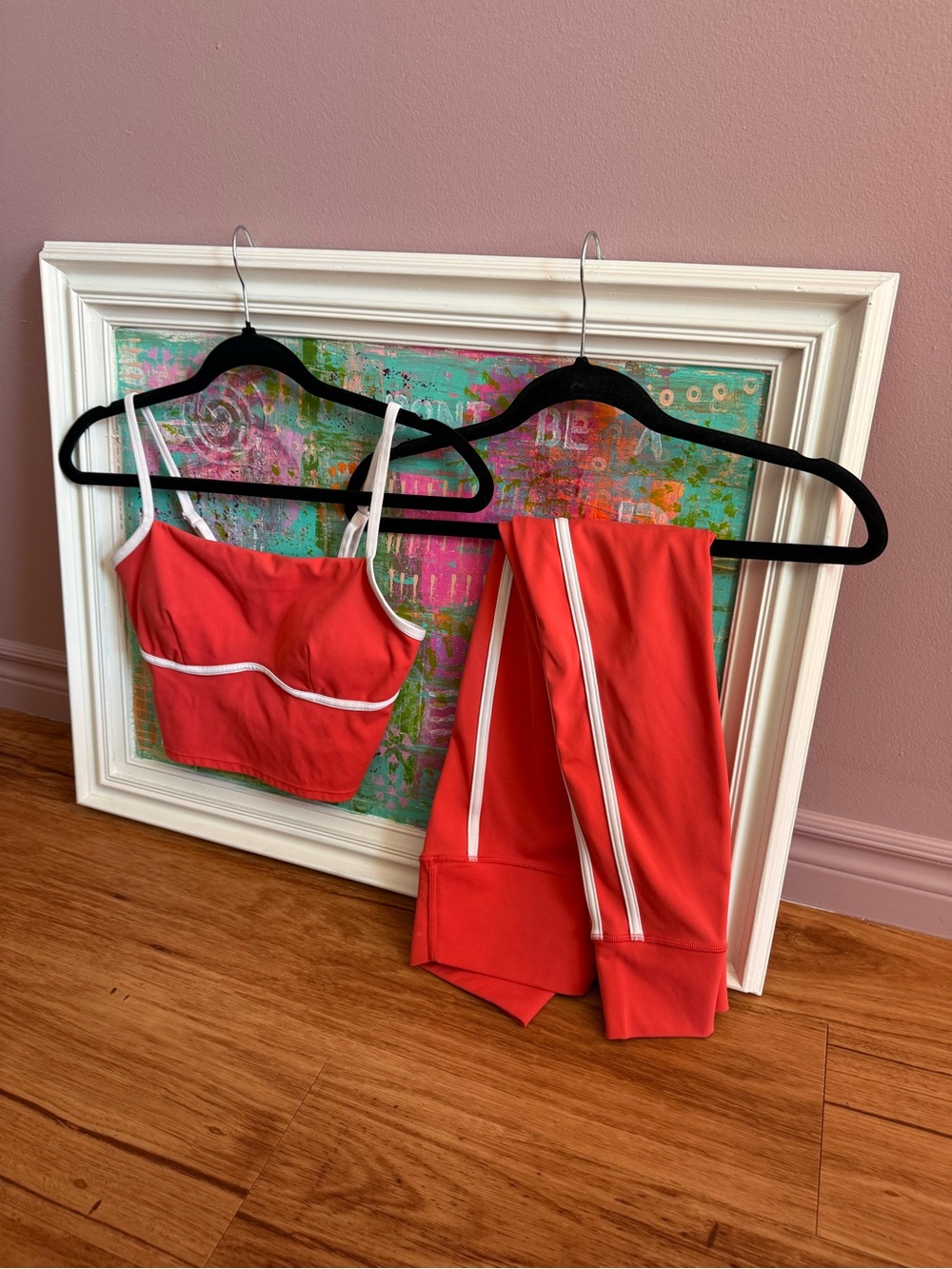 JoyLab Coral-Red Sports Bra & Leggings Set with White Trim